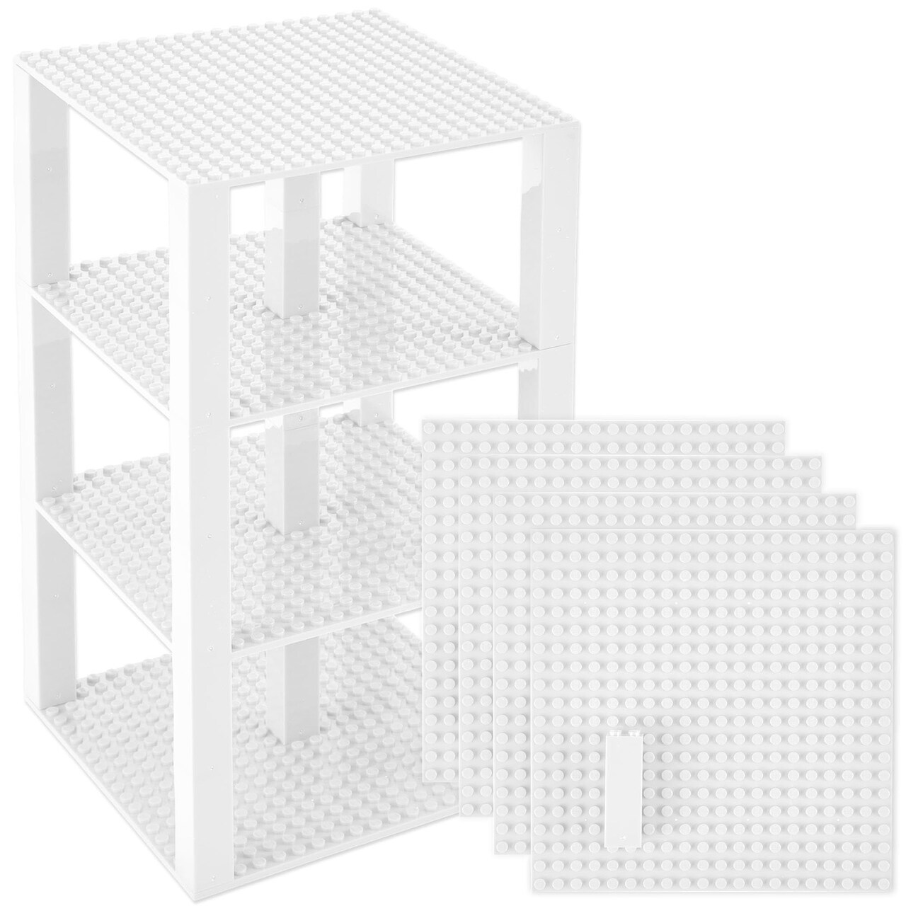 Strictly Briks Stackable Baseplates - Compatible with Lego, 6 x 6 in Baseplates for Buildling Blocks, Display Tower, Expand Vertical Builds, 4 Baseplates & 30 Stackers, Kids Easter Gift, White